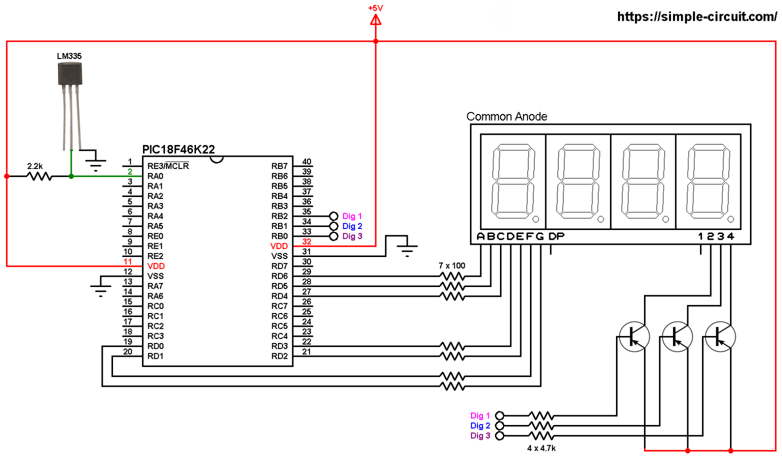 PIC18F46K22 With 7 Segment Display And LM335 Sensor MikroC