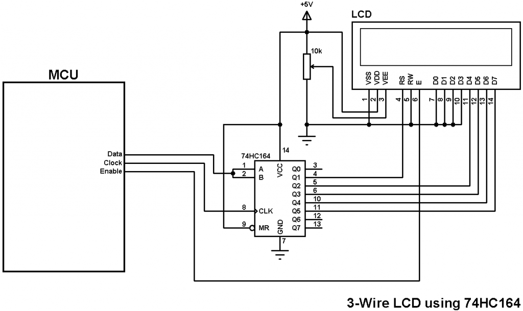 3-wire LCD using 74HC164 shift register