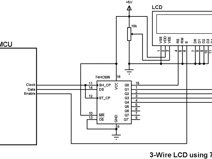 3-wire LCD using 74HC595 shift register