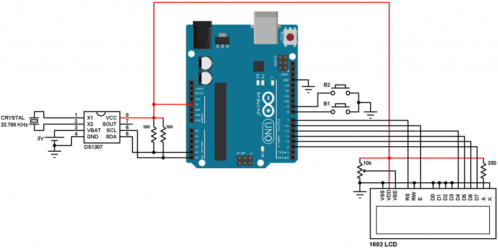 Arduino DS1307 LCD and set buttons circuit