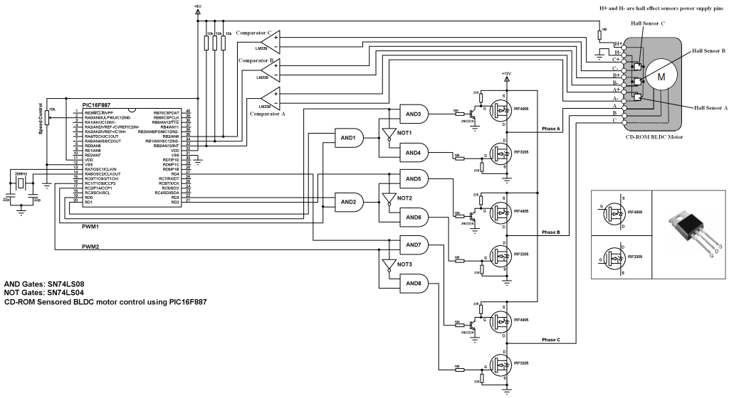 PIC16F887 BLDC motor control CD-ROM circuit