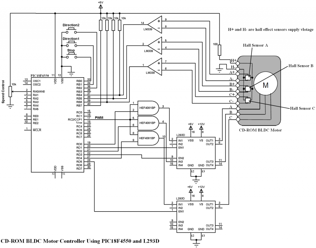 PIC18F4550 L293D brushless DC motor ESC circuit