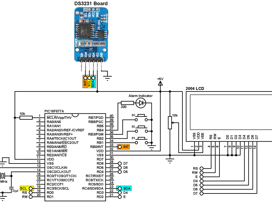 PIC16F877A DS3231 alarms real time clock with alarms circuit