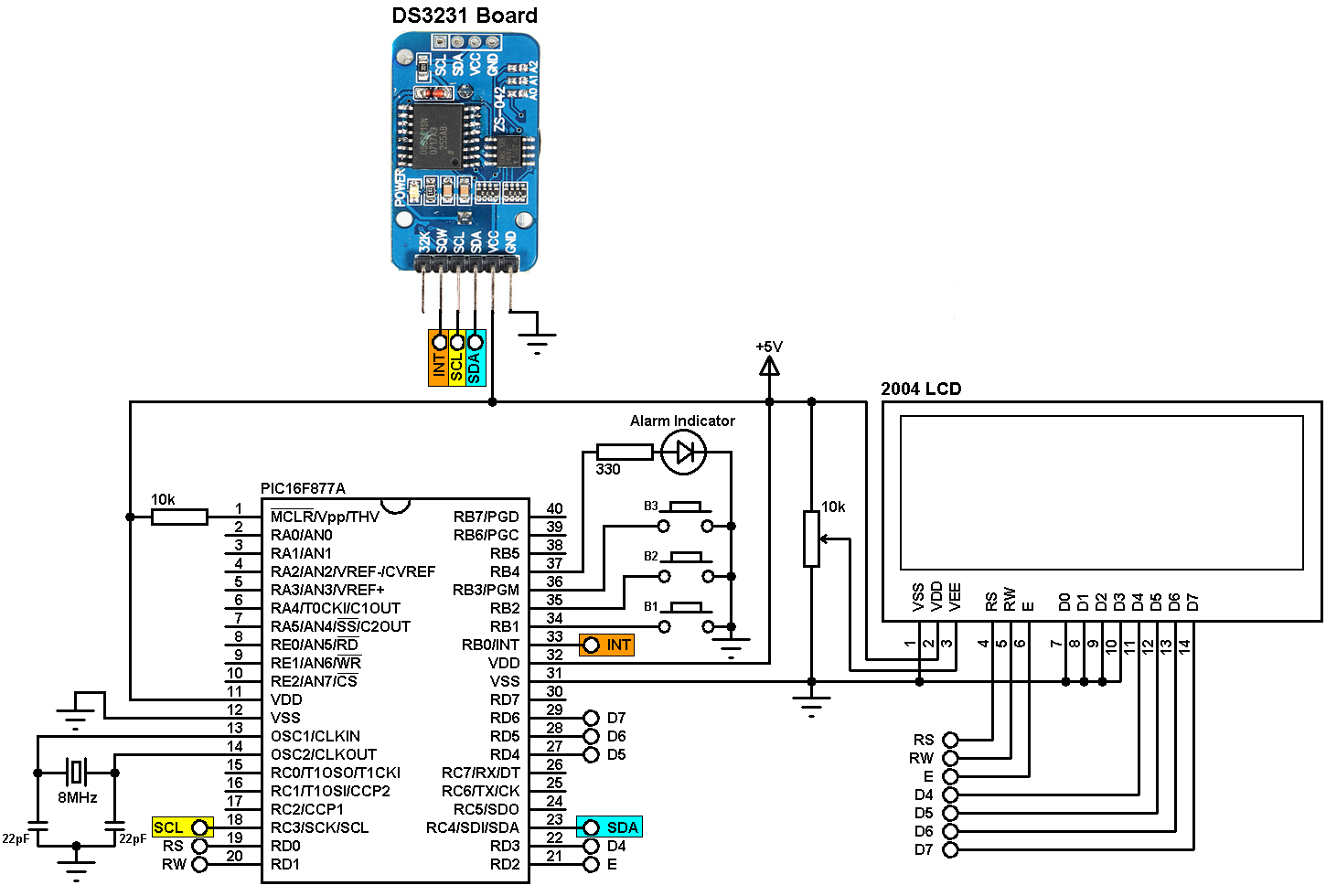 PIC16F877A + DS3231 with alarms and temperature monitor - CCS C