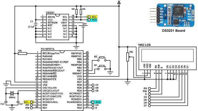 PIC16F877A DS3231 real time clock with buttons circuit