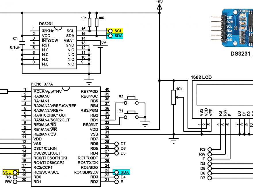 PIC16F877A DS3231 real time clock with buttons circuit