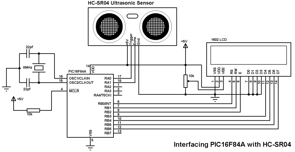 PIC16F84A with HC-SR04 ultrasonic sensor example - CCS C
