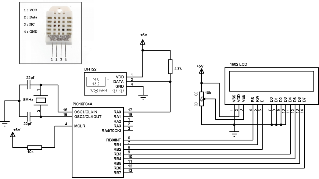 PIC16F84A DHT22 AM2302 sensor interfacing circuit