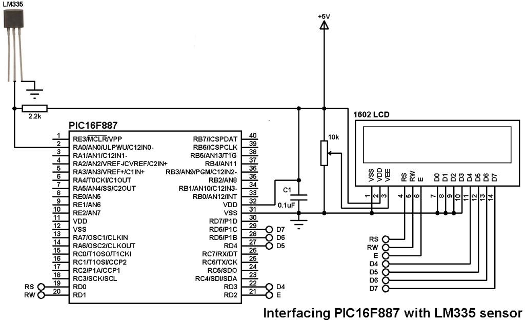 PIC16F887 LM335 temperature sensor circuit