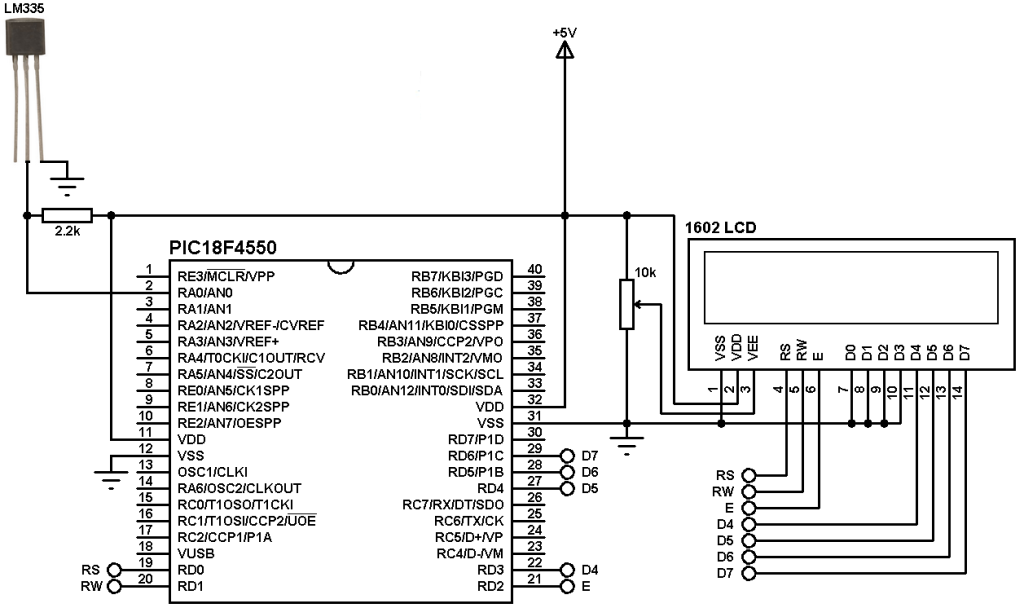 PIC18F4550 LM335 temperature sensor circuit