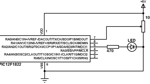 PIC12F1822 ADC PWM modules example circuit
