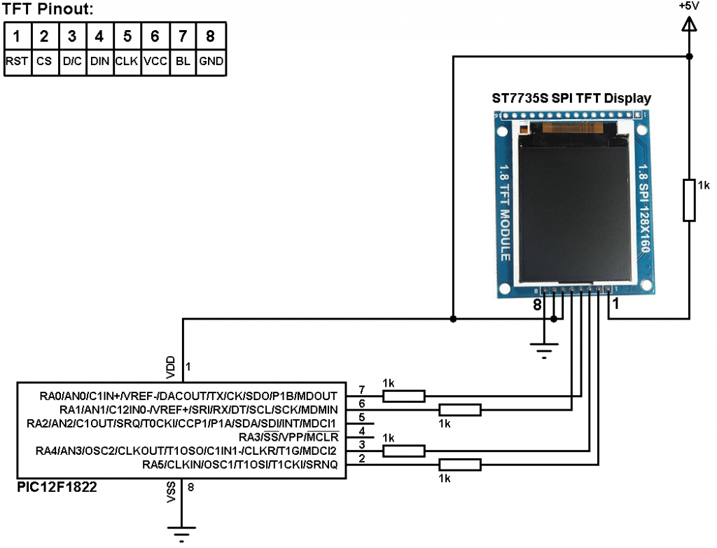 PIC12F1822 ST7735 TFT display circuit