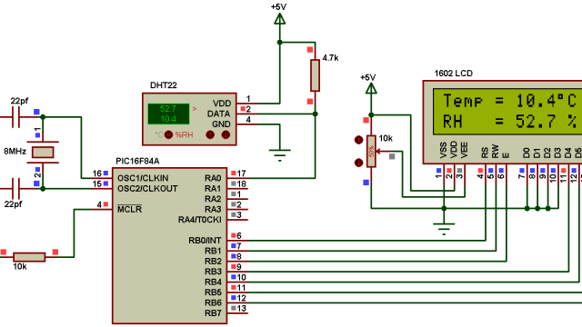 PIC16F84A DHT22 sensor Proteus simulation circuit