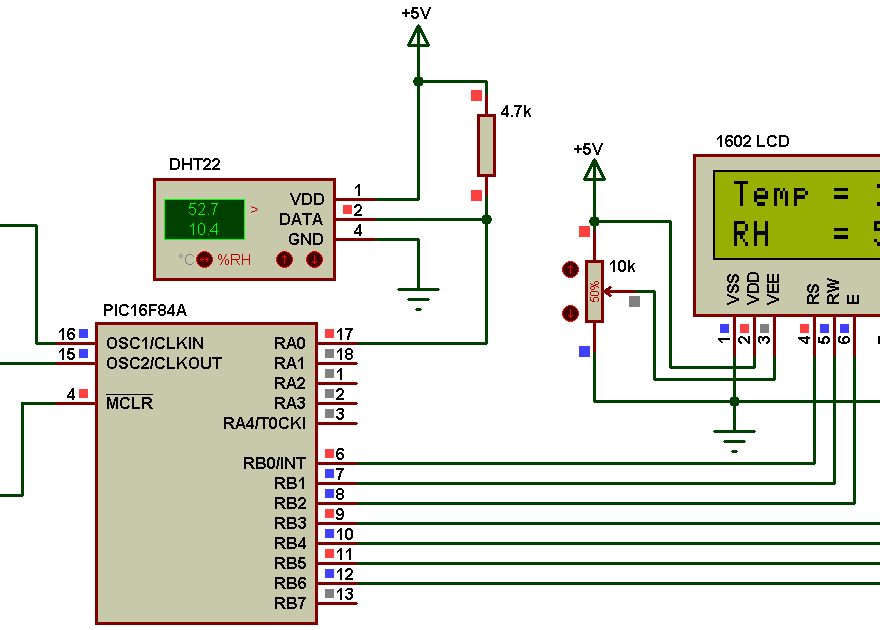 PIC16F84A DHT22 sensor Proteus simulation circuit