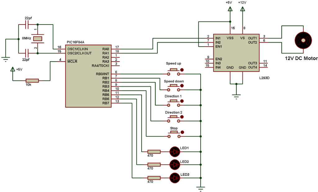 PIC16F84A L293D DC motor control circuit