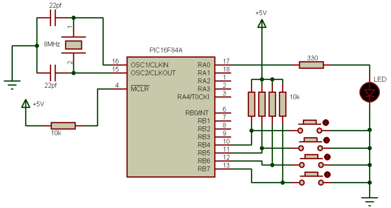 PIC16F84A PORTB interrupt on change (IOC) example with CCS C