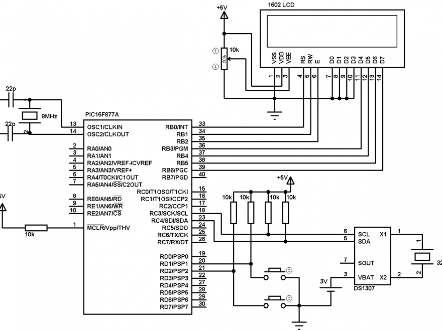 PIC16F877A DS1307 RTC with buttons circuit