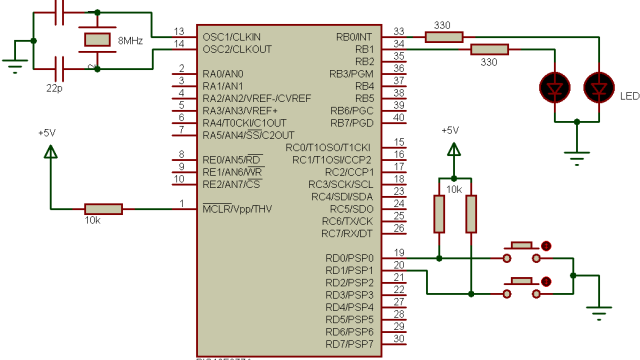 PIC16F877A read inputs and buttons circuit