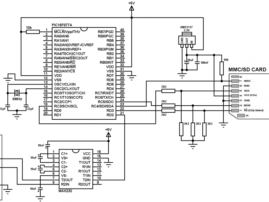 PIC16F877A SD card interfacing circuit