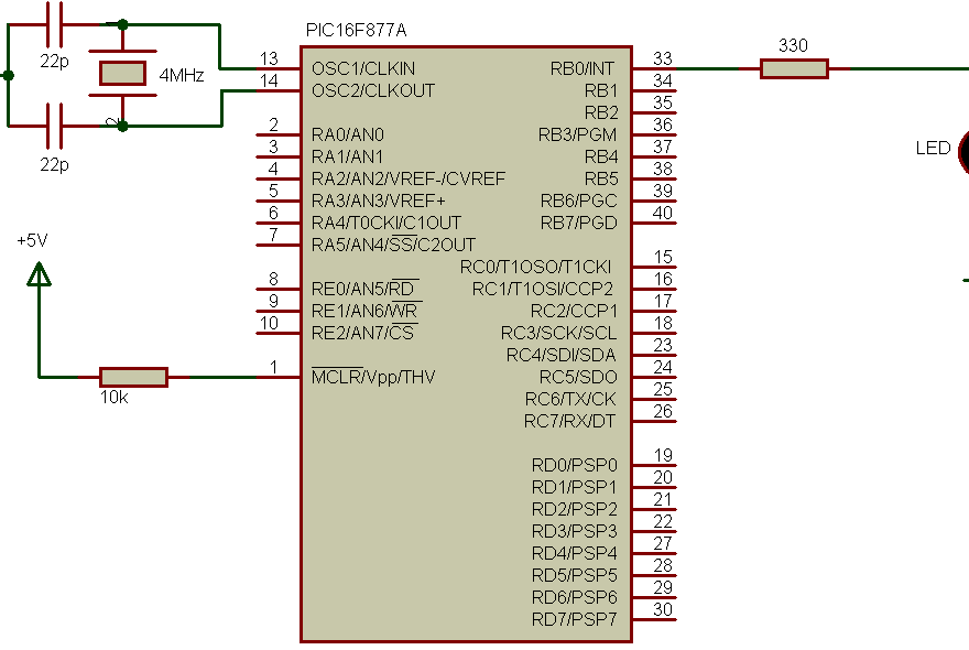 PIC16F877A Timer0 module interrupt example circuit
