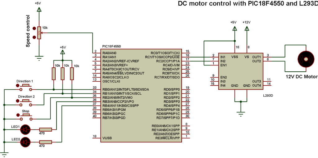 PIC18F4550 L293D dc motor control circuit