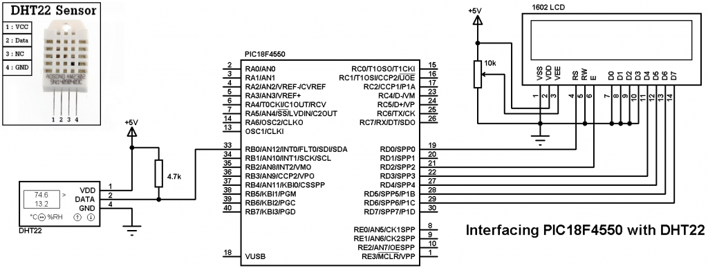 PIC18F4550 DHT22 sensor circuit