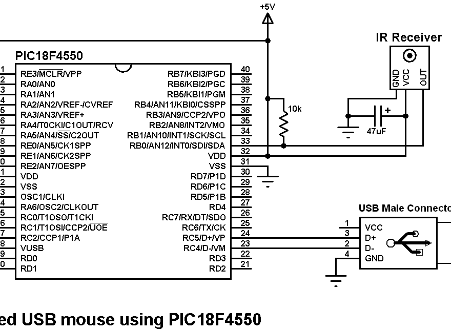 PIC18F4550 USB mouse remote control circuit