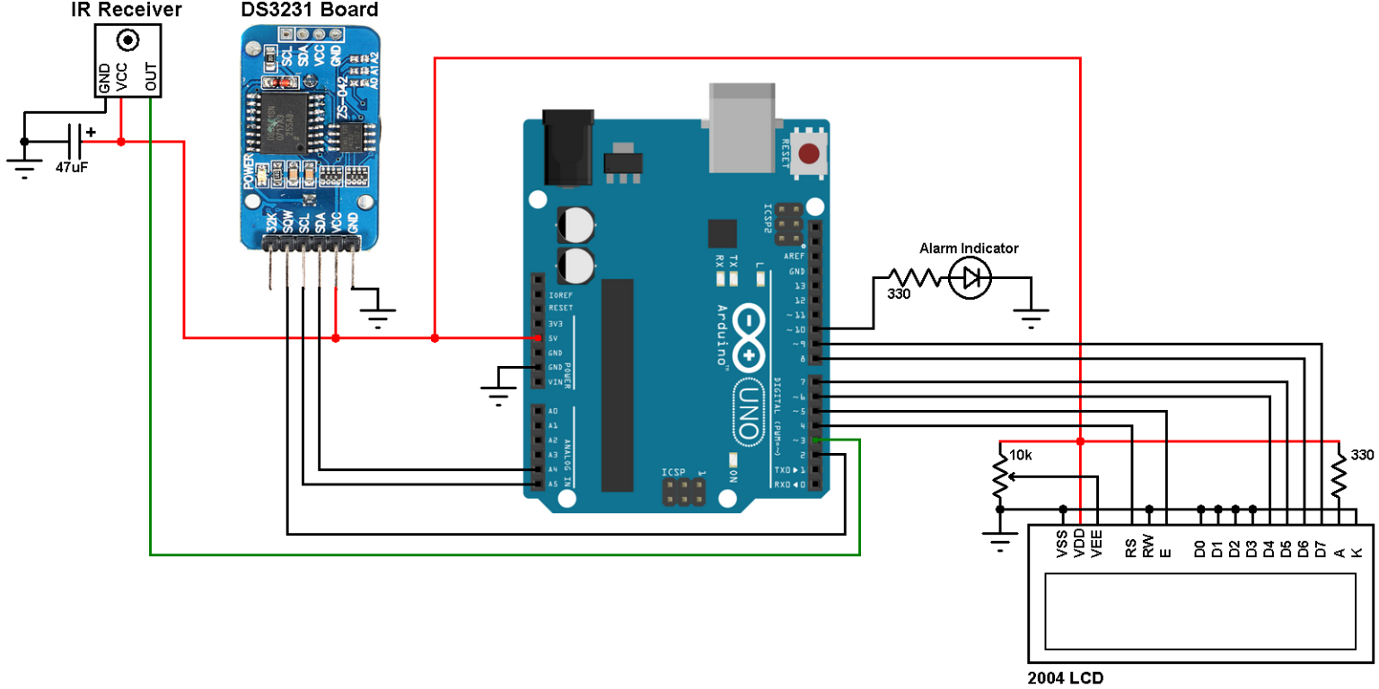 Arduino + DS3231 RTC with alarms, temperature monitor & remote control image.