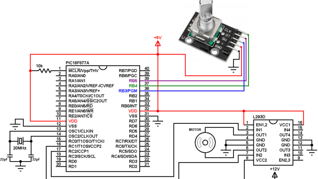 PIC16F877A rotary encoder DC motor controller circuit