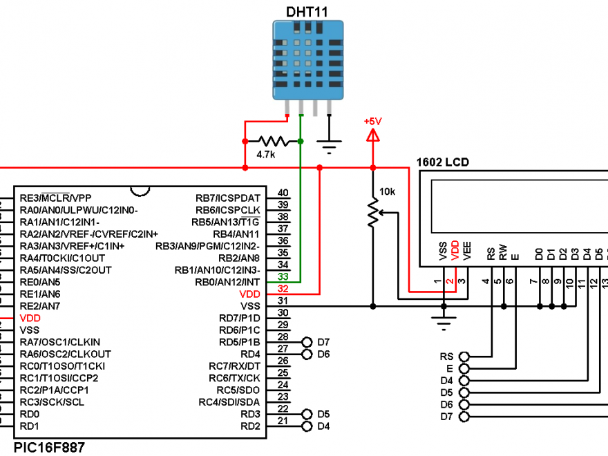 mikroc dht11 sensor circuit with PIC16F887