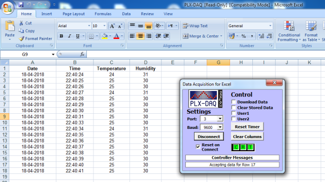 excel plx-daq datalogger temperature humidity