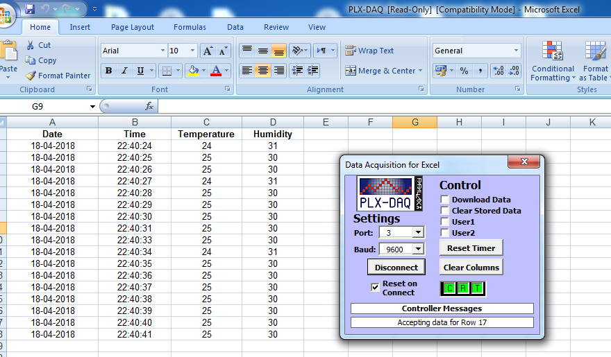 excel plx-daq datalogger temperature humidity