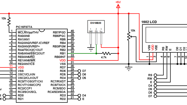 PIC16F877A DS18B20 sensor 16x2 LCD circuit