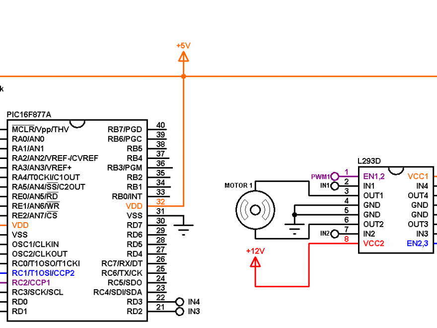 PIC16F877A joystick controlled DC motor circuit