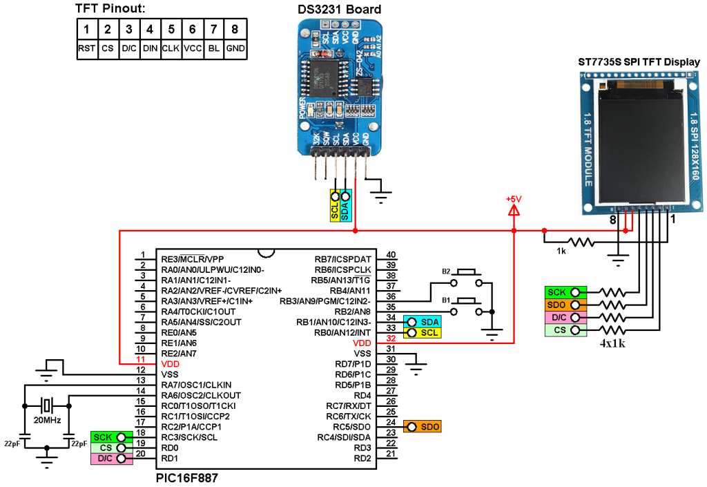 PIC16F887 DS3231 ST7735S color TFT circuit