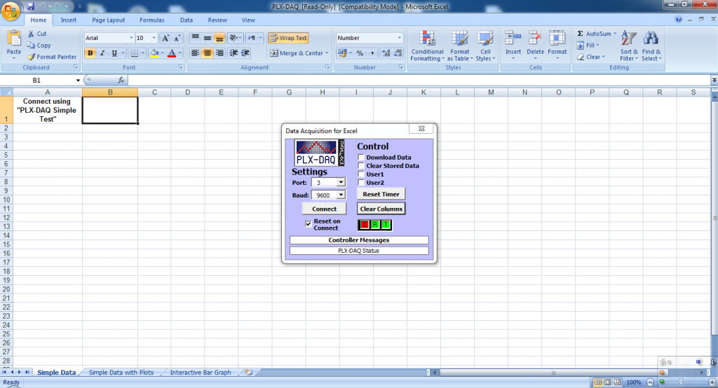 PLX-DAQ Excel startup window