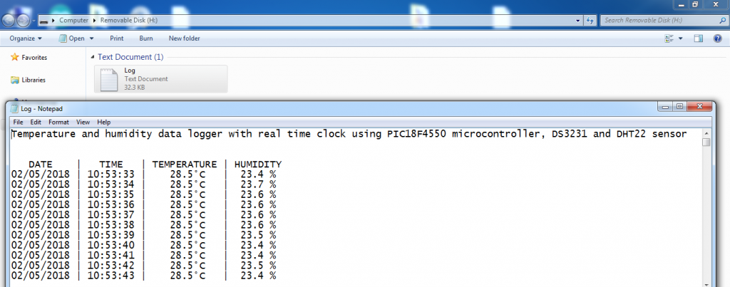 pic18f4550 data logger output