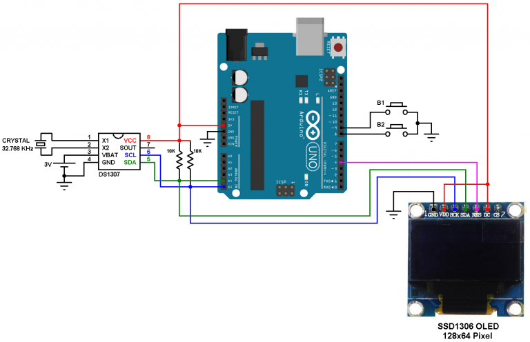 Arduino real time clock using DS1307 and SSD1306 OLED