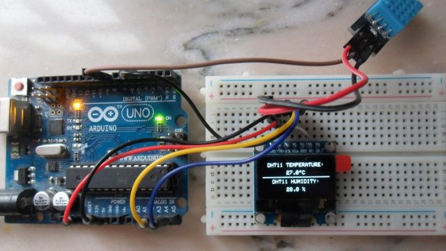Arduino UNO with DHT11 sensor and SSD1306 OLED 128x64