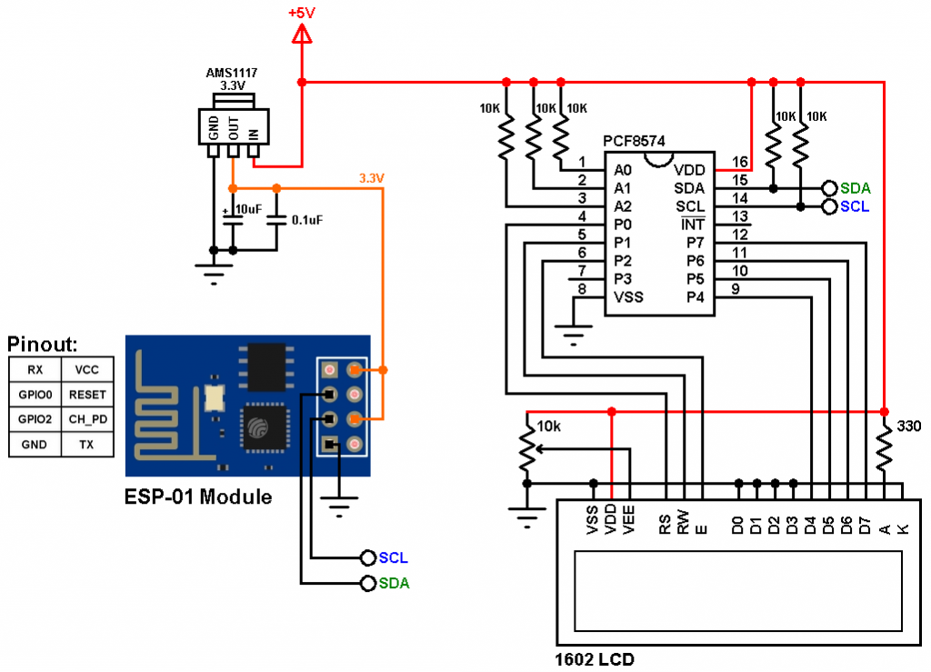 Interfacing ESP8266 ESP01 module with I2C LCD Simple Circuit