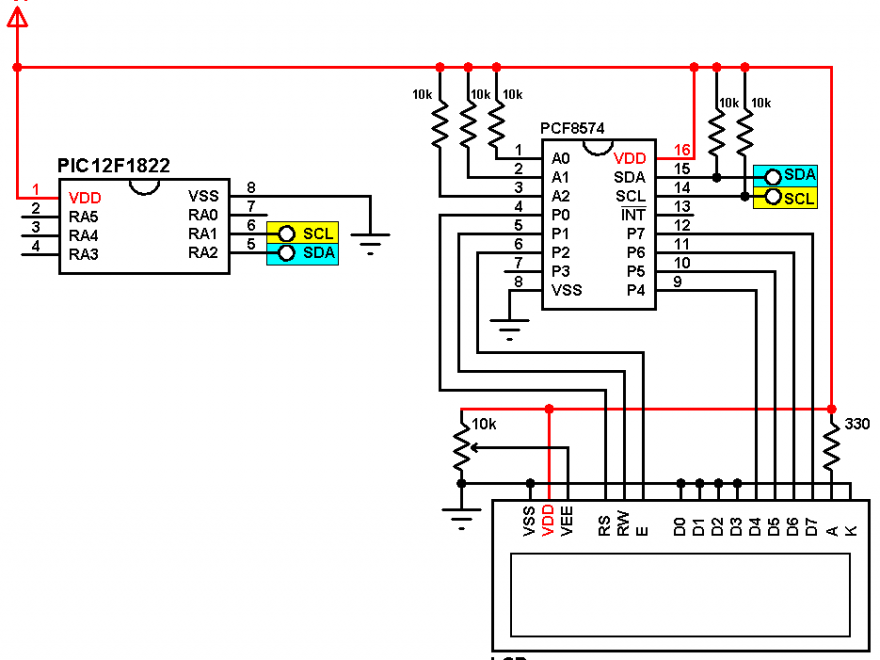 PIC12F1822 I2C LCD circuit with PCF8574