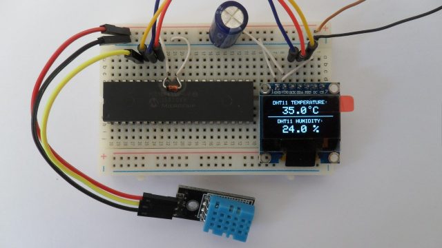 PIC18F4550 with SSD1306 OLED display and DHT11 sensor