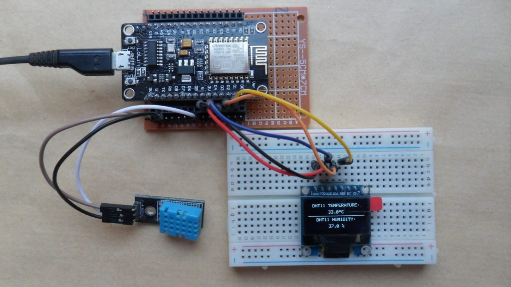 ESP-12E NodeMCU with DHT11 sensor and SSD1306 OLED display