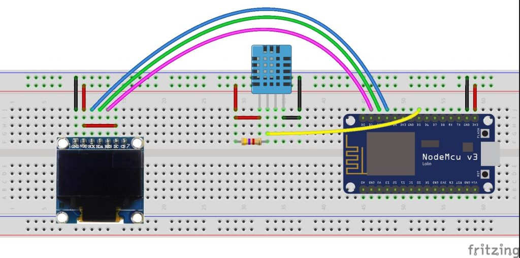 ESP8266 NodeMCU SSD1306 OLED DHT11 fritzing circuit