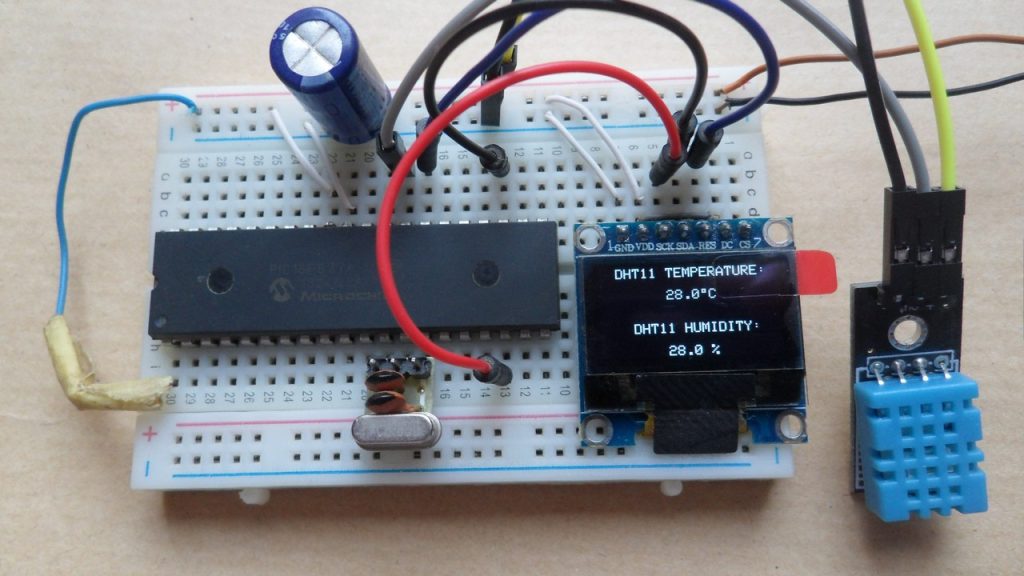 PIC16F877A with SSD1306 OLED display and DHT11 sensor