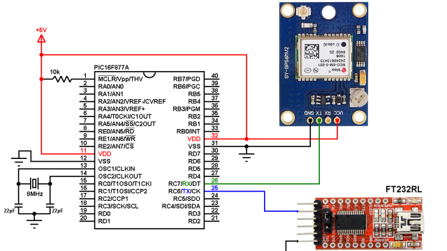 PIC16F877A NEO-6M GPS module and FT232RL circuit