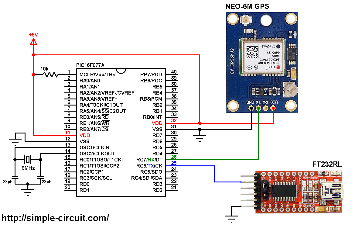 Interfacing Pic16f877a With Neo 6m Gps Module Simple Circuit
