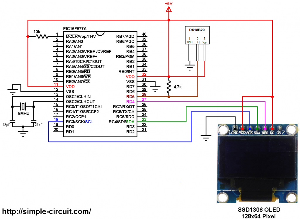 PIC16F877A SSD1306 DS18B20 temperature sensor