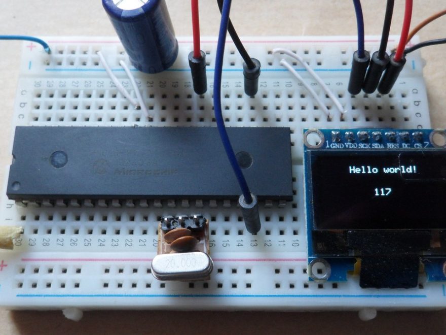 SSD1306 OLED display with PIC16F877A microcontroller circuit