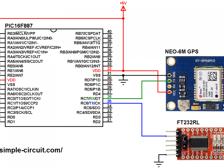 PIC16F887 NEO-6M GPS module interfacing circuit